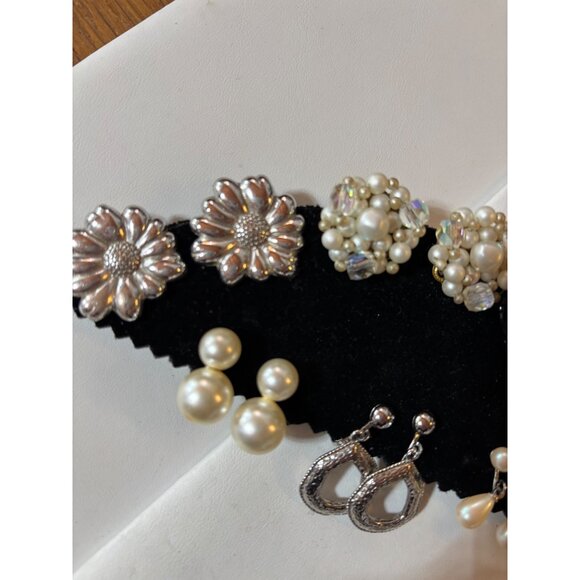 Vintage Assorted Clip-On Earrings Set - Pearl & Silver-Tone Designs Variety Of S - Picture 10 of 13